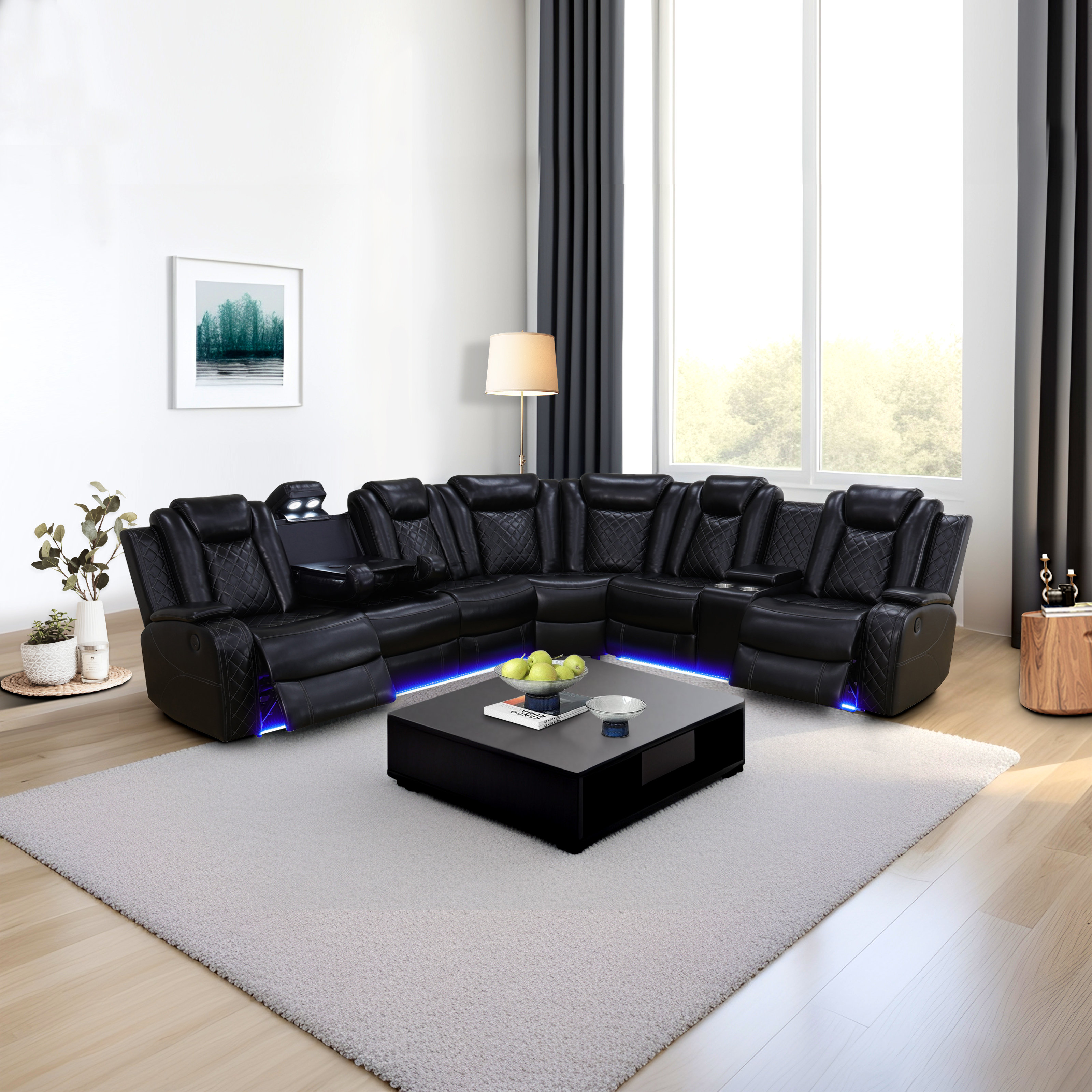 Ivy Bronx Black Breathing Leather Electric Sectional Recliner Sofa